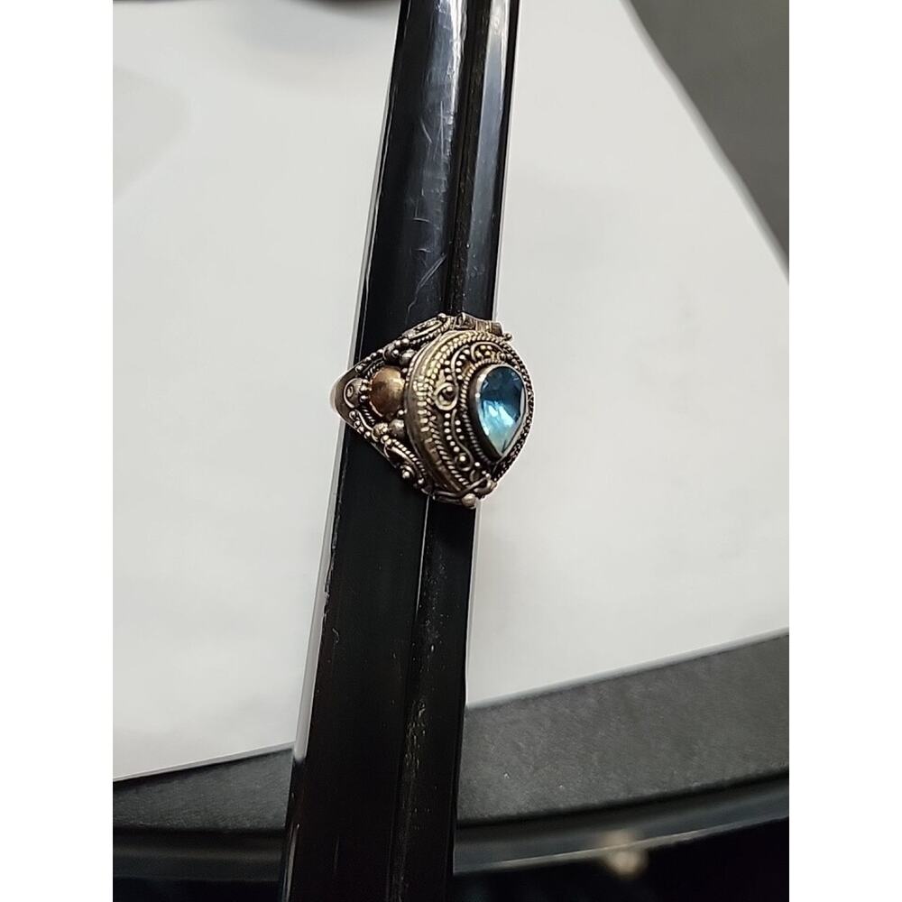 Bali Gemstone Aquamarine Poison Ring Locket Box Sterling Silver 925 Sz 8